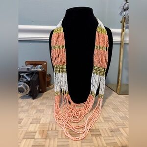 Elegant Beaded Necklace in Coral, White and Gold About 40 inches at its longest